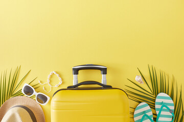 Concept for a thrilling summer vacation. Top view flat lay of suitcase sunhat flip flops sunglasses shell bracelet and palm leaves on light yellow background with space for text or logo