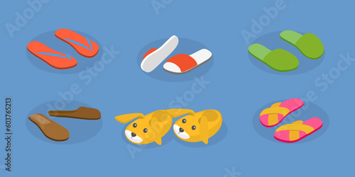 3D Isometric Flat Vector Set of Slippers, Home Shoes