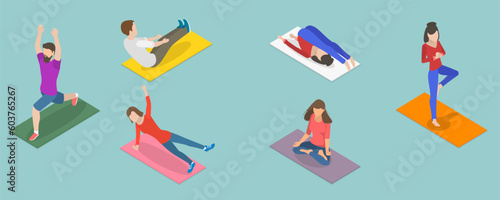 3D Isometric Flat Vector Set of Fitness Scenes, Workout People
