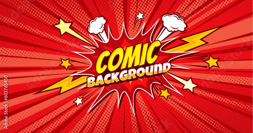 Red pop art comic background with halftone comics bubble. Cartoon vector explosion balloon. Popart poster in retro style comics book style with burst explode cloud, light flashes, stars and rays