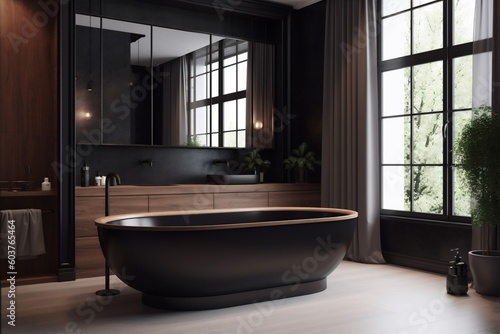 modern marble home luxury bathroom interior bathtub black wood design furniture. Generative AI.