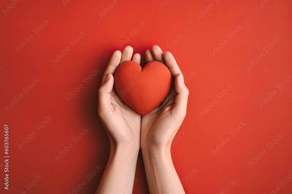 Hand of woman holding red heart against red background Hand of woman holding red heart against red background