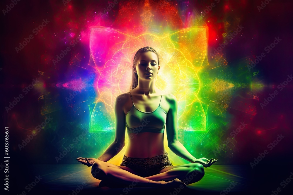 Colorful Illustration of a woman sitting in pose of lotus. Meditation on outer space background with glowing chakras.woman