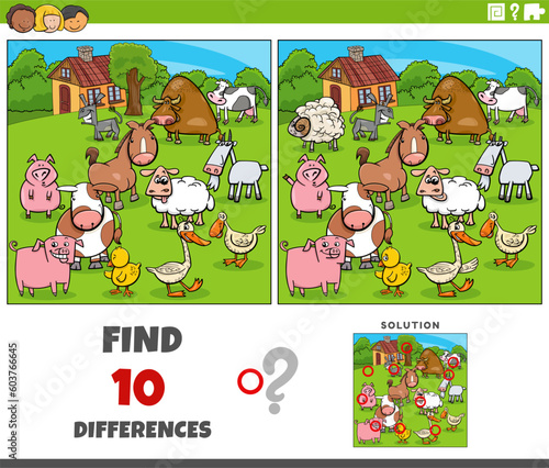 differences game with comic farm animal characters group