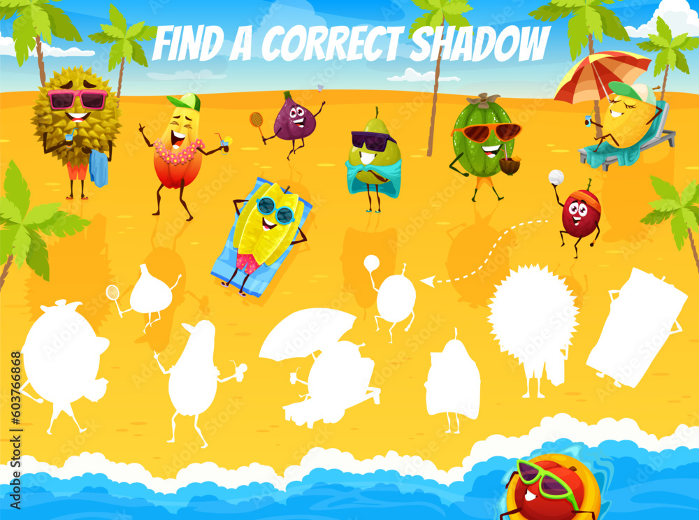 Naklejka premium Find a correct shadow of cartoon fruits characters on summer beach. Kid vector game worksheet with durian, papaya, figs, carambola or pear. Feijoa, plum and mellon relaxing on seaside preschool riddle