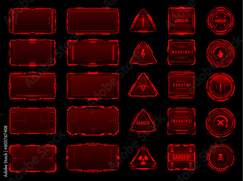 HUD red danger and warning interface frames. Sci-Fi user interface display or message vector frame. Future dashboard panel, electricity strike alert, contamination hazard, dangerous area warning sign