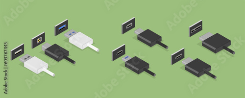 3D Isometric Flat Vector Set of USB Types, Socket Plug in