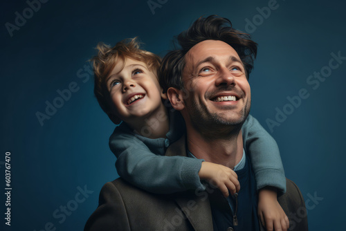 Happy father and son together against a blue background. Generative ai