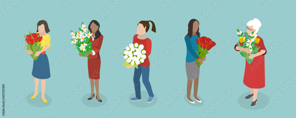 Fototapeta premium 3D Isometric Flat Vector Set of Bouquets, Happy Women Holding Flowers