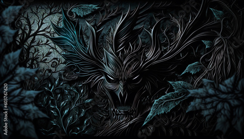 Shadowed Divinity: A Generative AI's Intriguing Dark Fantasy Wallpaper, Revealing the Face of a Forest God Hidden Within a Mysterious Texture