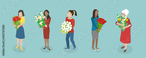 3D Isometric Flat Vector Set of Bouquets, Happy Women Holding Flowers