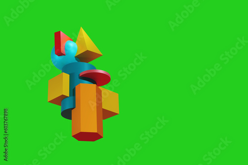 abstract set of figures balancing among themselves on a bright green background, 3d render