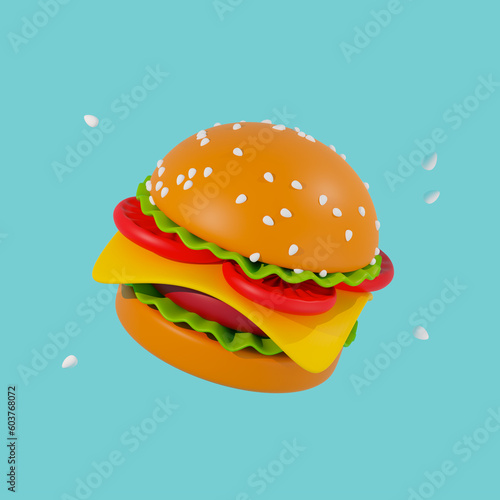 3d render of a hamburger on a blue background. juicy burger with sesame seeds flying around