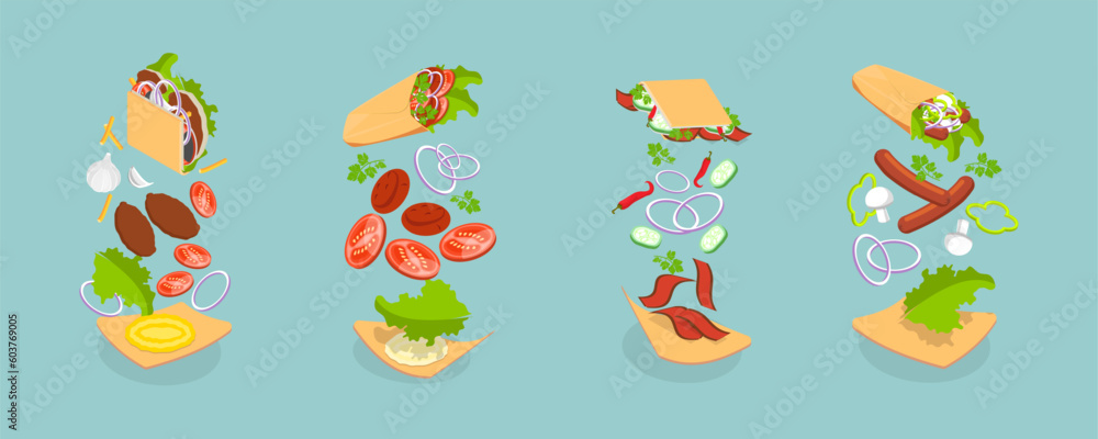 3D Isometric Flat Vector Set of Shawarmas, Middle Eastern Food