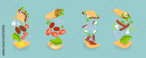 3D Isometric Flat Vector Set of Shawarmas, Middle Eastern Food