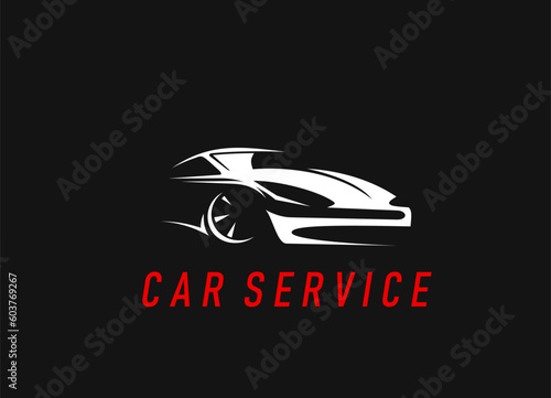 Car repair mechanic and maintenance service icon. Vehicle mechanic, automobile service or restoration garage station, spare parts store vector icon or symbol with modern sport car white silhouette