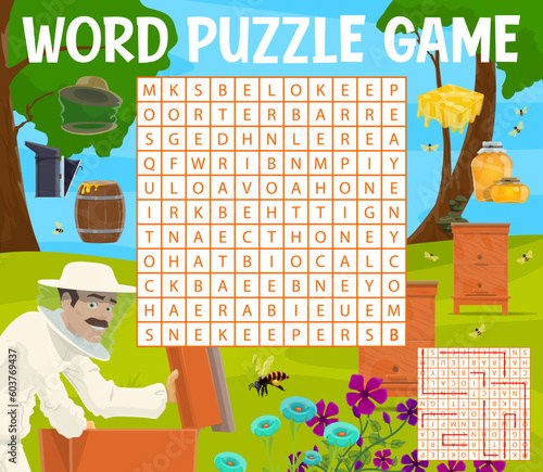 Beekeeping and apiary word search puzzle quiz game worksheet. Honey extraction vector word maze, cartoon beekeeper, beehive, bee and honeycomb, flowers, honey jar and barrel, protective hat, smoker
