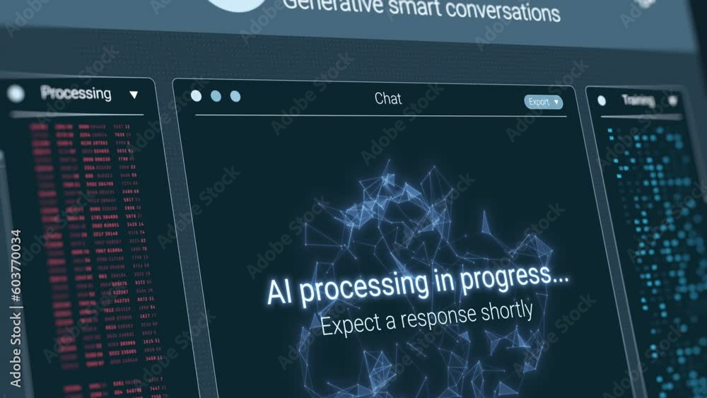 Futuristic chat ai user interface in action, artificial intelligence system, chatting with a bot, dynamics elements, advanced ai technology (3d render)