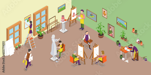 3D Isometric Flat Vector Conceptual Illustration of Art Studio, Painting Atelier Interior