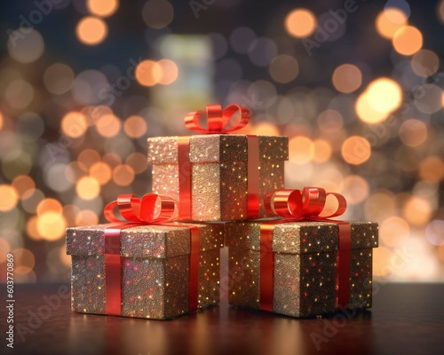 Christmas gift boxes and bokeh lights,  3d illustration, colorful background, Generative AI © Bogdan