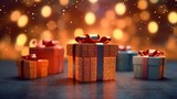 Christmas gift boxes and bokeh lights,  3d illustration, colorful background, Generative AI