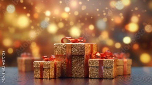 Christmas gift boxes and bokeh lights, 3d illustration, colorful background, Generative AI