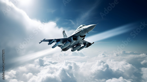 Fotografia Soaring Supremacy: A Generative AI's Dynamic Depiction of a Jet Fighter Dominati