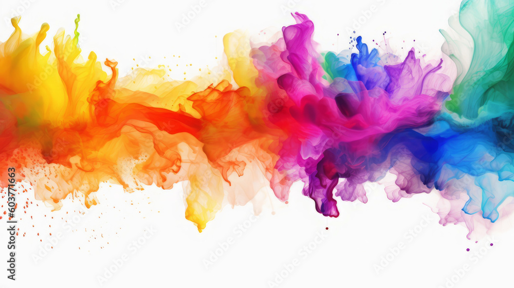 Color liquid ink splash abstract background rainbow art. Rainbow splash collage mix flow drip. Fluid wave color yellow, red, green, blue isolated. Liquid ink palette motion. Generative AI illustration