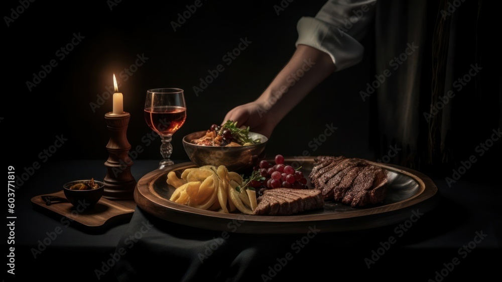 A person serving a plate of beef meat with mushroom, vegetables, potato, shallots and sauce. Generative AI illustration.