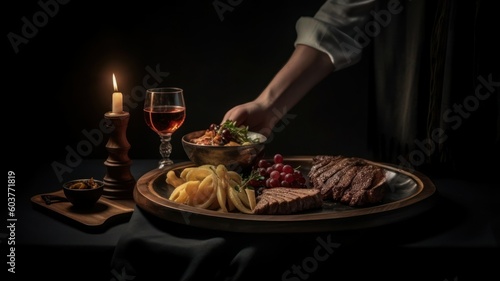 A person serving a plate of beef meat with mushroom  vegetables  potato  shallots and sauce. Generative AI illustration.