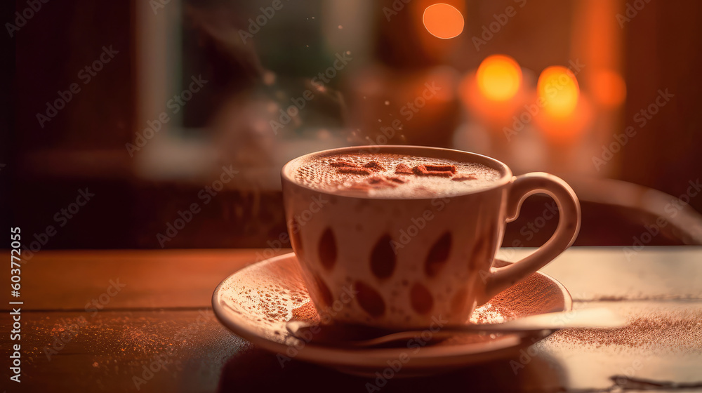 Illustration of a cup of hot chocolate with a blurry environment, creating a cozy atmosphere. Generative AI Illustration of a cup of hot chocolate with a blurry environment, creating a cozy atmosphere. Generative AI
