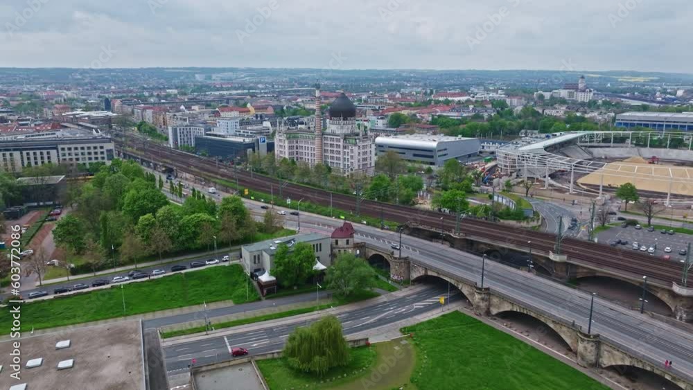 Drone shot of Yenidze Theater , built in 1909 in the style of a mosque in Dresden , Germany Drone shot of Yenidze Theater , built in 1909 in the style of a mosque in Dresden , Germany