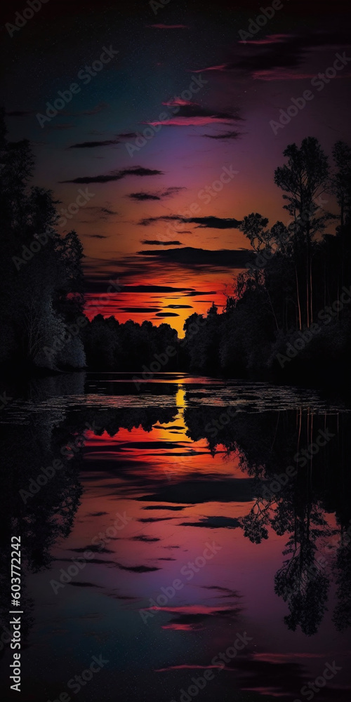Twilight's Embrace: A Generative AI's Moody Depiction of a Dark Sunset Landscape Over a Mysterious Swamp, Capturing the Essence of Painterly Shadows