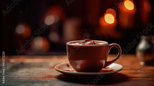 Illustration of a cup of hot chocolate with a blurry environment  creating a cozy atmosphere. Generative AI