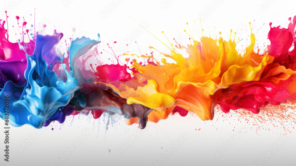 Color liquid ink splash abstract background rainbow art. Rainbow splash collage mix flow drip. Fluid wave color yellow, red, green, blue isolated. Liquid ink palette motion. Generative AI illustration