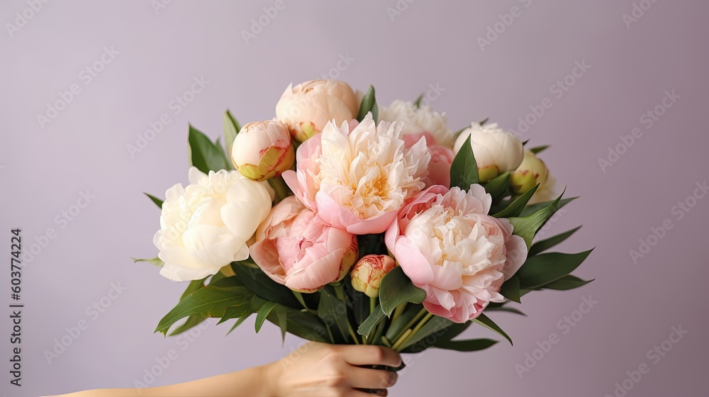 female hand holding beautiful bouquet of peonies created using generative AI tools