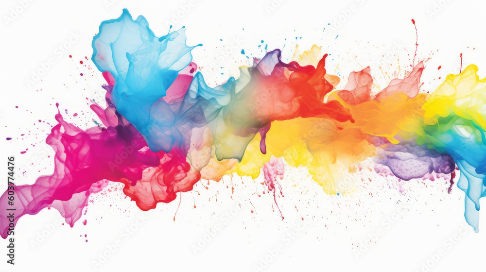 Color liquid ink splash abstract background rainbow art. Rainbow splash collage mix flow drip. Fluid wave color yellow, red, green, blue isolated. Liquid ink palette motion. Generative AI illustration