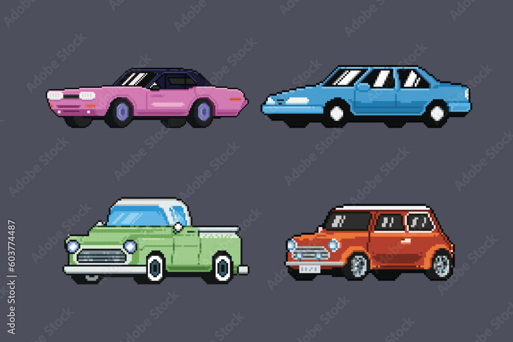 set of cars in pixel art style