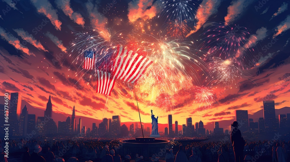 AI generated 4th of July Independence Day celebration with fireworks in United States 