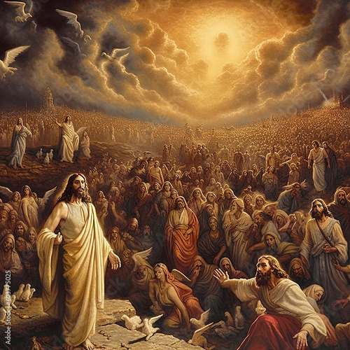 Revelation of Jesus Christ, new testament, religion of christianity, heaven and hell over the crowd of people, Jerusalem of the bible, generative AI 