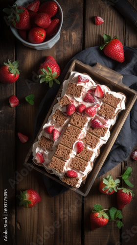 Strawberry Gingersnap Icebox Cake on a Rustic Table