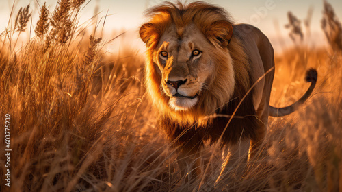 A male lion walking on the Serengeti during the golden hour
