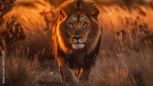 A male lion walking on the Serengeti during the golden hour