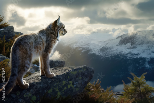 A Norwegian lynx standing in a majestic position on a mountain cliff watching over a stunningly beautiful scenery