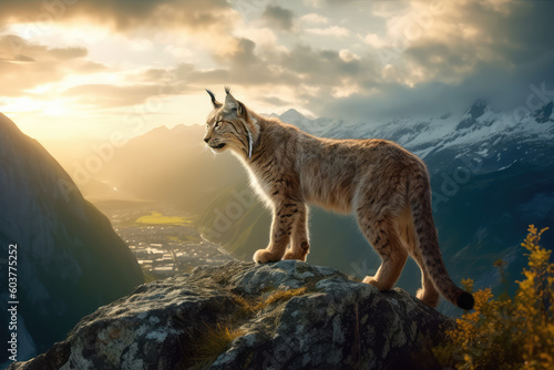A Norwegian lynx standing in a majestic position on a mountain cliff watching over a stunningly beautiful scenery