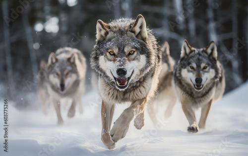 A pack of wolf running on the snow in a Montana forest