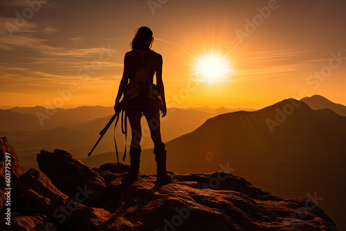 A climber standing victorious atop a mountain peak, the vast expanse of the wilderness stretching out below