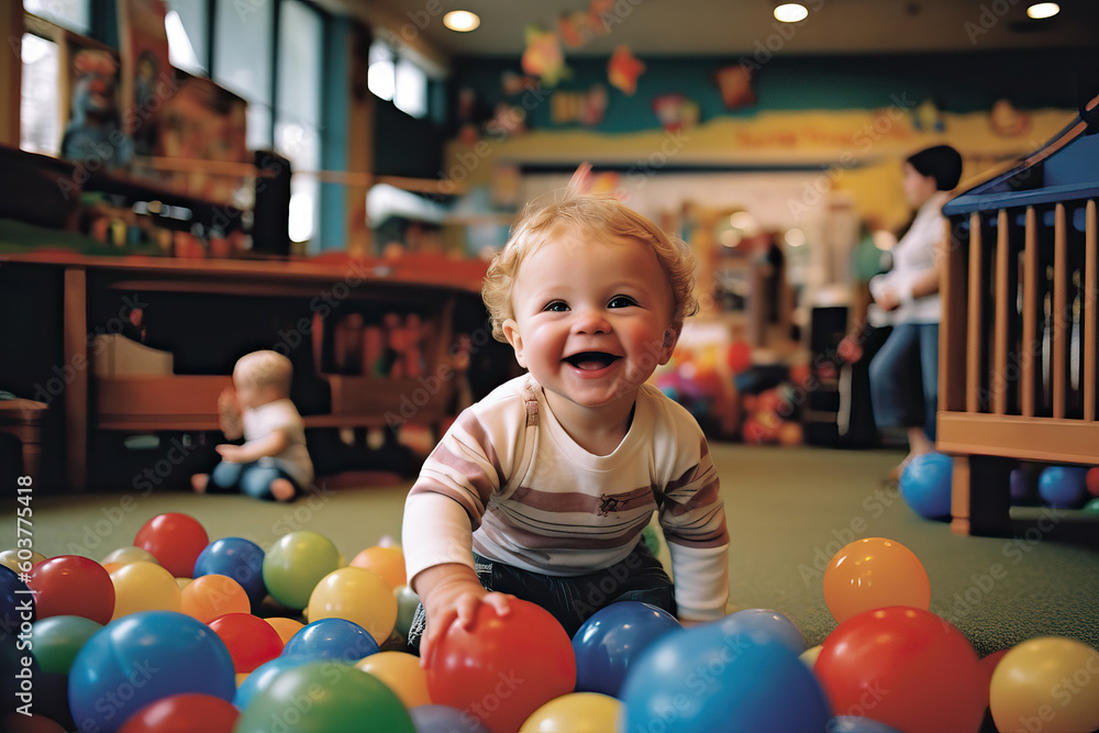 A baby is playing in a ball pit - obrazy, fototapety, plakaty 