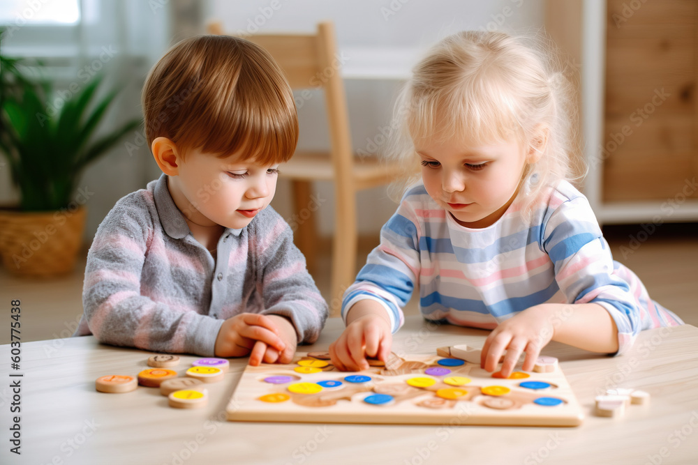 Fototapeta premium Two young children playing with a board game