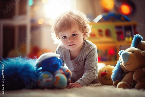 A small child laying on the floor next to stuffed animals